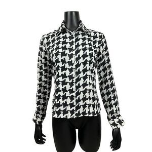 Eva Laurel Button Up Shirt Blouse Top Herringbone Black White Vtg 90s‎ Women's 6